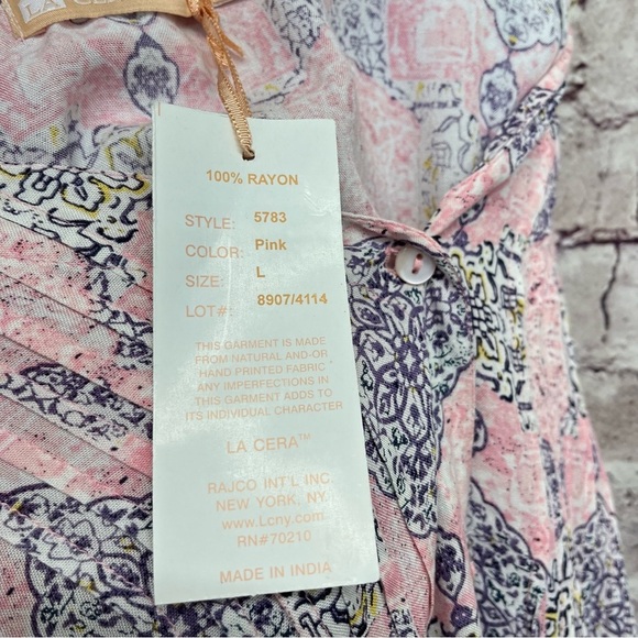 La Cera Pink Damask Print Button Long Sleeve Blouse - Picture 10 of 12